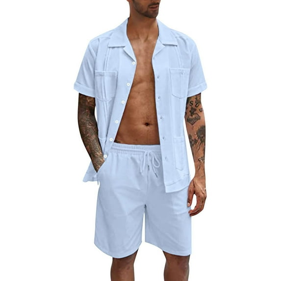 Coduop Men Short Sleeve Button Down T Shirt Short Set Summer Casual Outfits M-2XL