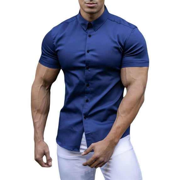 Coduop Mens Muscle Dress Shirts Slim Fit Solid Color Short Sleeve Casual Button Down Shirt Blouse