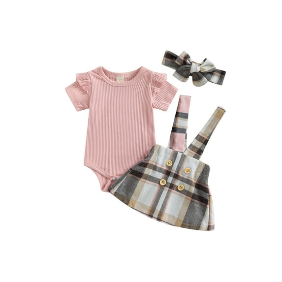 Coduop Newborn Baby Girls 3Pcs Outfit Set,Short Sleeve Romper and Suspender Skirt Clothes Set