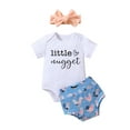 thumbnail image 1 of Coduop Newborn Baby Girls 3pcs Clothes Sets Letter Short Sleeve Romper Hen Print Shorts Headband, 1 of 8