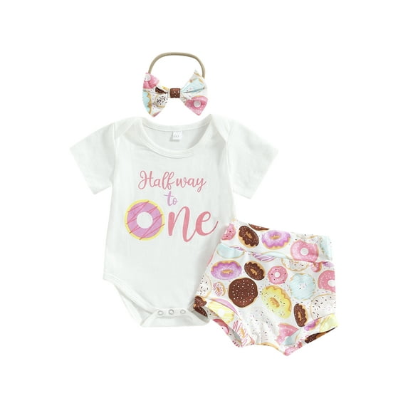 Coduop Newborn Baby Girls Birthday Outfit Set Short Sleeve Romper Donut Print Shorts 3Pcs Set