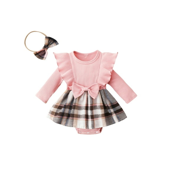Coduop Newborn Baby Girls Long Sleeve Romper Outfits Ruffle Plaid Patchwork Jumpsuit,with Headband