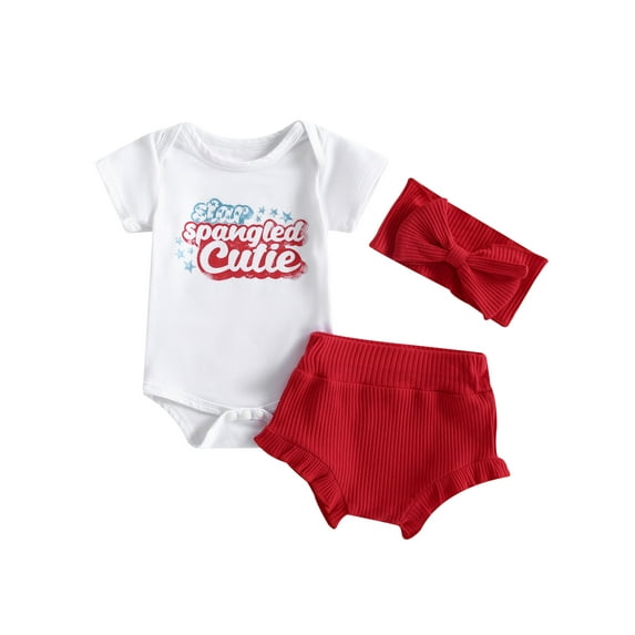 Coduop Newborn Girls Independence Day Bodysuit Outfit,Romper and Ribbed Shorts 3Pcs Clothes Set