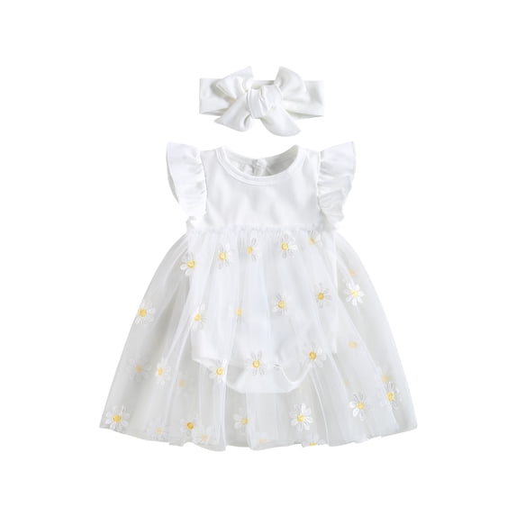 Coduop Ruffle Sleeve Romper Tutu for Baby Girl Bodysuit Tutu Dress with Headband