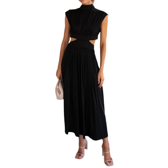 Coduop Summer Women's Sleeveless Maxi Dress Solid Color Stand Collar Waist Hollow-Out A-Line Dress