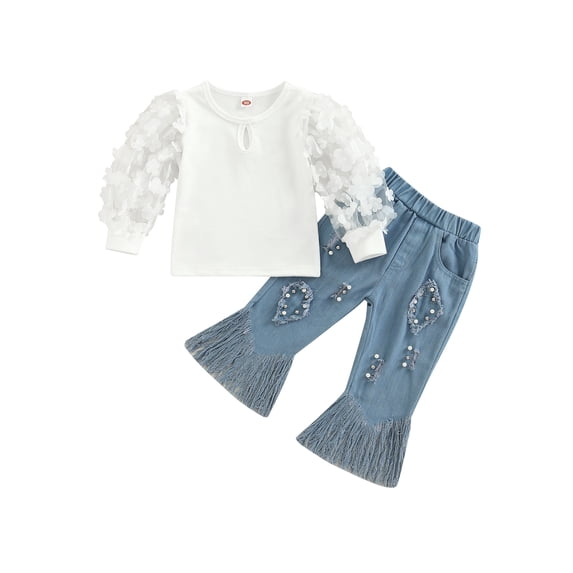 Coduop Toddler Baby Girl Mesh Patchwork Tops Jeans Tassel Flared Denim Pants 1-6 Years