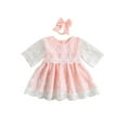 thumbnail image 1 of Coduop Toddler Baby Girl Princess Dresses,Half Sleeve Round Neck Lace Dress,with Headband, 1 of 9