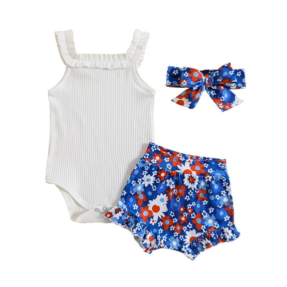 Coduop Toddler Baby Girl Ribbed Romper Jumpsuit Floral Shorts Bloomers Headband