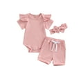thumbnail image 1 of Coduop Toddler Baby Girls 3 Piece Clothes Set Short Sleeve Ribbed Romper Shorts and Hairband, 1 of 7