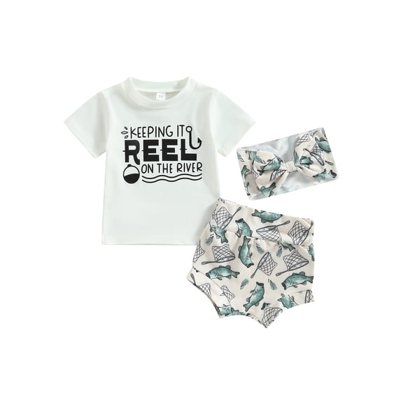 Coduop Toddler Baby Girls Summer Outfit Set Short Sleeve T-shirt + Fish Print Shorts + Headband