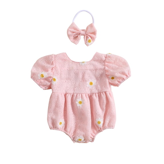 Coduop Toddler Baby Girls Summer Romper Short Sleeve Flower Print Jumpsuit with Headband Outfit