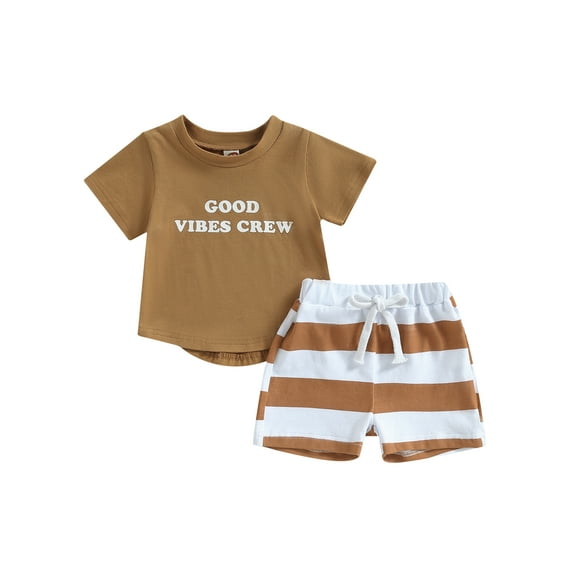 Coduop Toddler Boys Girls Summer Outfit Set Short Sleeve Tops + Striped Drawstring Shorts 2Pcs Sets