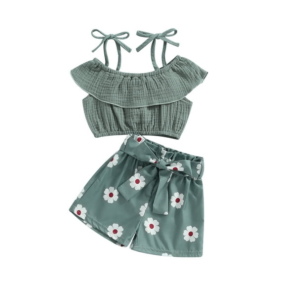 Coduop Toddler Girls Summer Outfit Set Cold Shoulder Sling Tops and Floral Shorts 2Pcs Clothes Set
