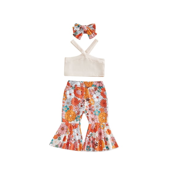 Coduop Toddler Girls Summer Sleeveless Camisole and Floral Flared Long Pants 3Pcs Outfit Set
