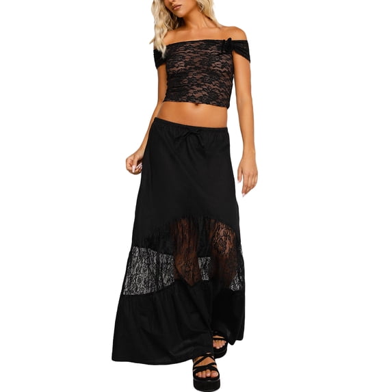 Coduop Women 2 Piece Long Skirt Outfit Set Off Shoulder Tube Top and Bodycon Midi Skirt 2Pcs Suit