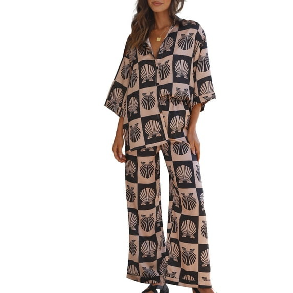 Coduop Women 2 Piece Nightwear Pajamas Set Seashell Print 3/4 Sleeve Sleepsuit Loungewear Set