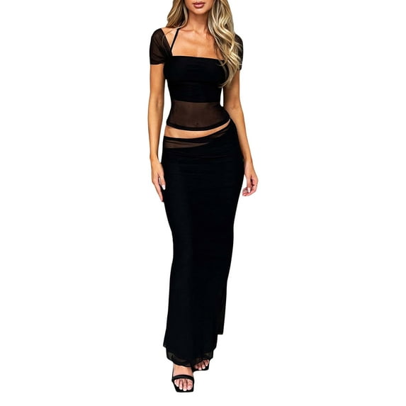 Coduop Women 2 Piece Outfit Set Halter Off-Shoulder Backless Tops and Wrapped Hip Long Skirt Suits