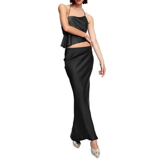 Coduop Women 2 Piece Outfit Set,Sleeveless Halter Backless Sling Tank Tops and Long Skirt Set