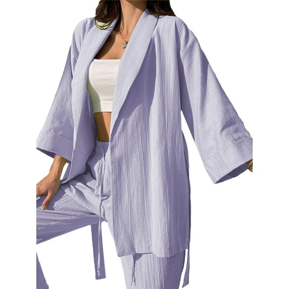 Coduop Women 2 Piece Outfits Long Sleeve Lapel Tops + Solid Color Drawstring Pants Sets