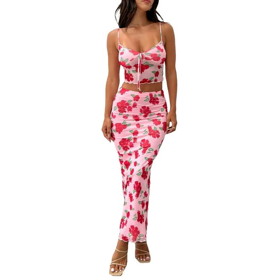 Coduop Women 2 Piece Outfits Sleeveless Tank Tops Split Bodycon Midi Skirt Dress