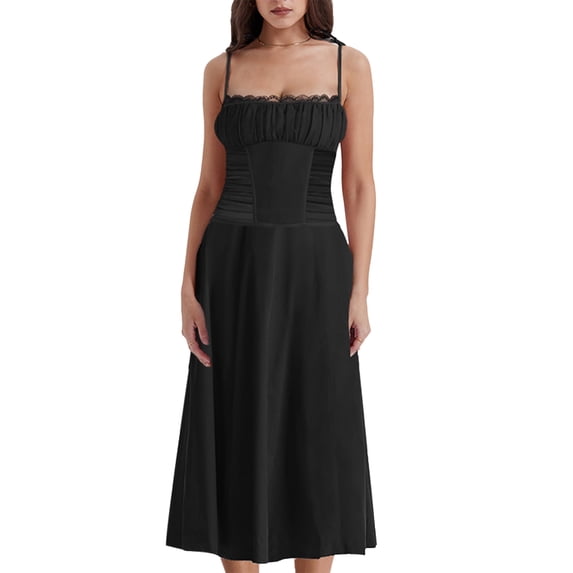 Coduop Women A-line Long Dress Floral Lace Trim Sleeveless Cami Dress Summer Beach Party Dress
