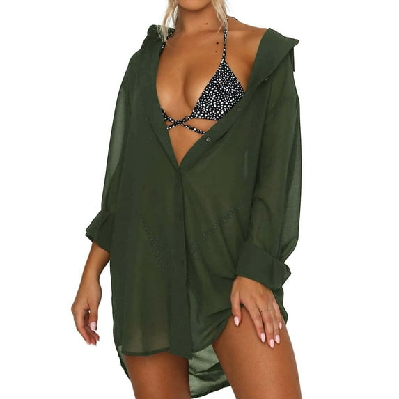 Coduop Women Bikini Cover Up Shirt Long Sleeve Button Down Beach Bathing Suit Swimsuit Cover Up