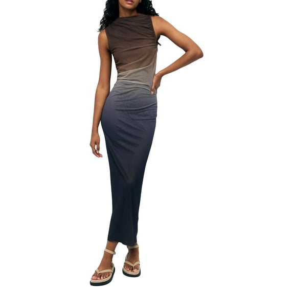Coduop Women Bodycon Long Dress Sleeveless Round Neck Gradient Print Ruched Tank Dress