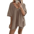 thumbnail image 1 of Coduop Women Casual 2 Piece Outfit Set Short Sleeve V Neck Loose Tunic Tops and Shorts Set, 1 of 3