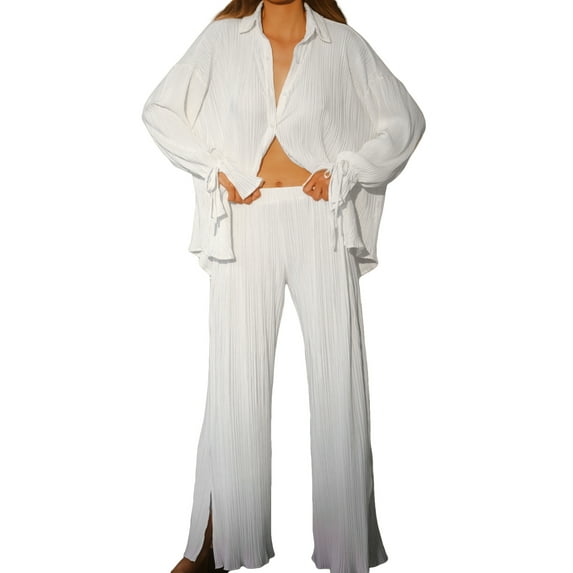 Coduop Women Casual 2 Piece Outfits Long Sleeve Button Down Pleated Shirt Pants Set