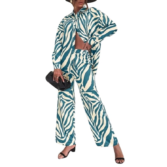 Coduop Women Casual 2 Piece Outfits Long Sleeve Stripe/Diamond Print Blouse Top Wide Leg Loungewear