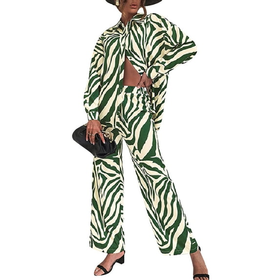Coduop Women Casual 2 Piece Outfits Long Sleeve Stripe/Diamond Print Blouse Top Wide Leg Loungewear