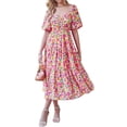thumbnail image 1 of Coduop Women Casual Boho Floral  Short Sleeve Backless Smocked A-Line Swing Flowy Dress Sundress, 1 of 7