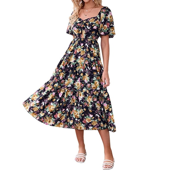 Coduop Women Casual Boho Floral Short Sleeve Backless Smocked A-Line Swing Flowy Dress Sundress