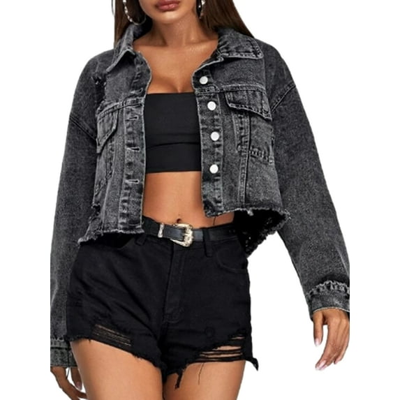 Coduop Women Casual Long Sleeve Denim Coats Button Cropped Single-breasted Ripped Jean Coat Jacket