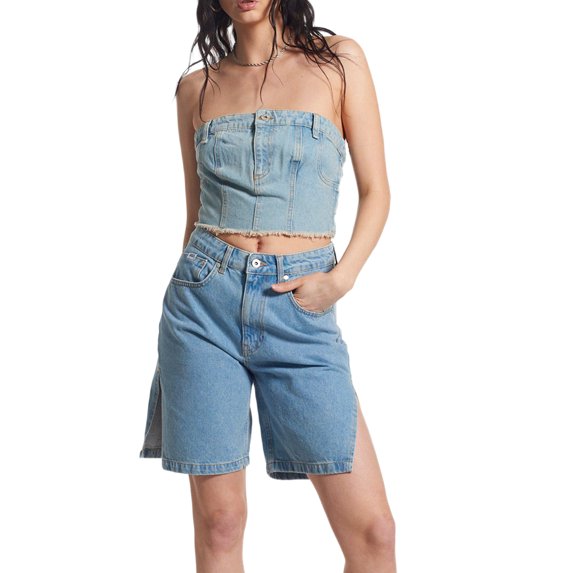 Coduop Women Denim Corset Top Strapless Tube Tops Jean Crop Top Slim Fit Bustier Tube Tops