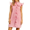 thumbnail image 1 of Coduop Women Denim Mini Dress Short Sleeve Ruffle Hem Flowy Causal Button Down Jean Dress, 1 of 8