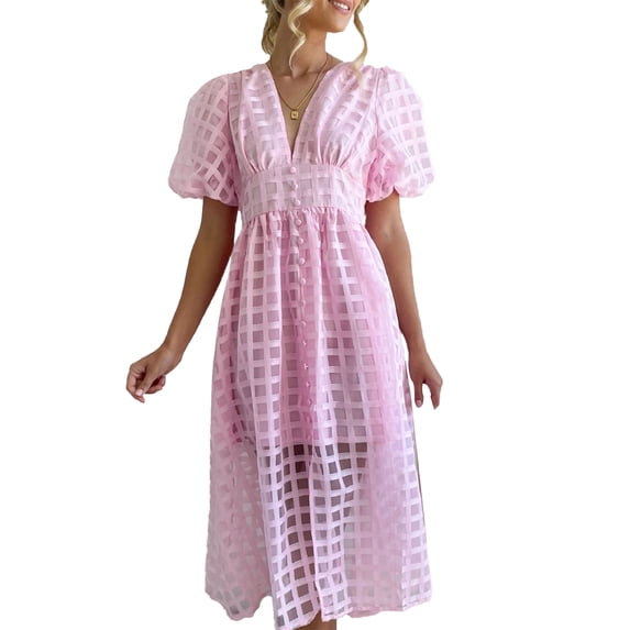Coduop Women Elegant Short Lantern Sleeve Dress Mesh Plaid Texture V-Neck Mid-Length Dresses