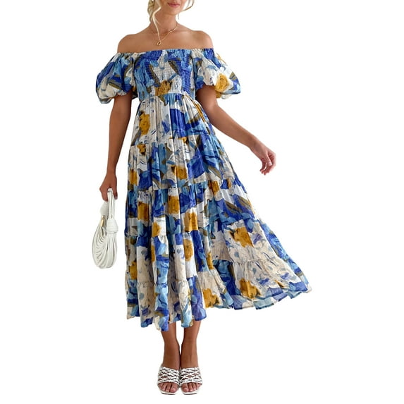 Coduop Women Elegant Short Sleeve Off-shoulder Flower Print Long Swing Dress Summer Sundress