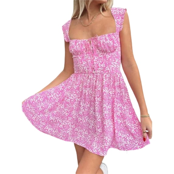 Coduop Women Floral Spaghetti Straps Sundress Lace Backless Beach Mini Short Dresses
