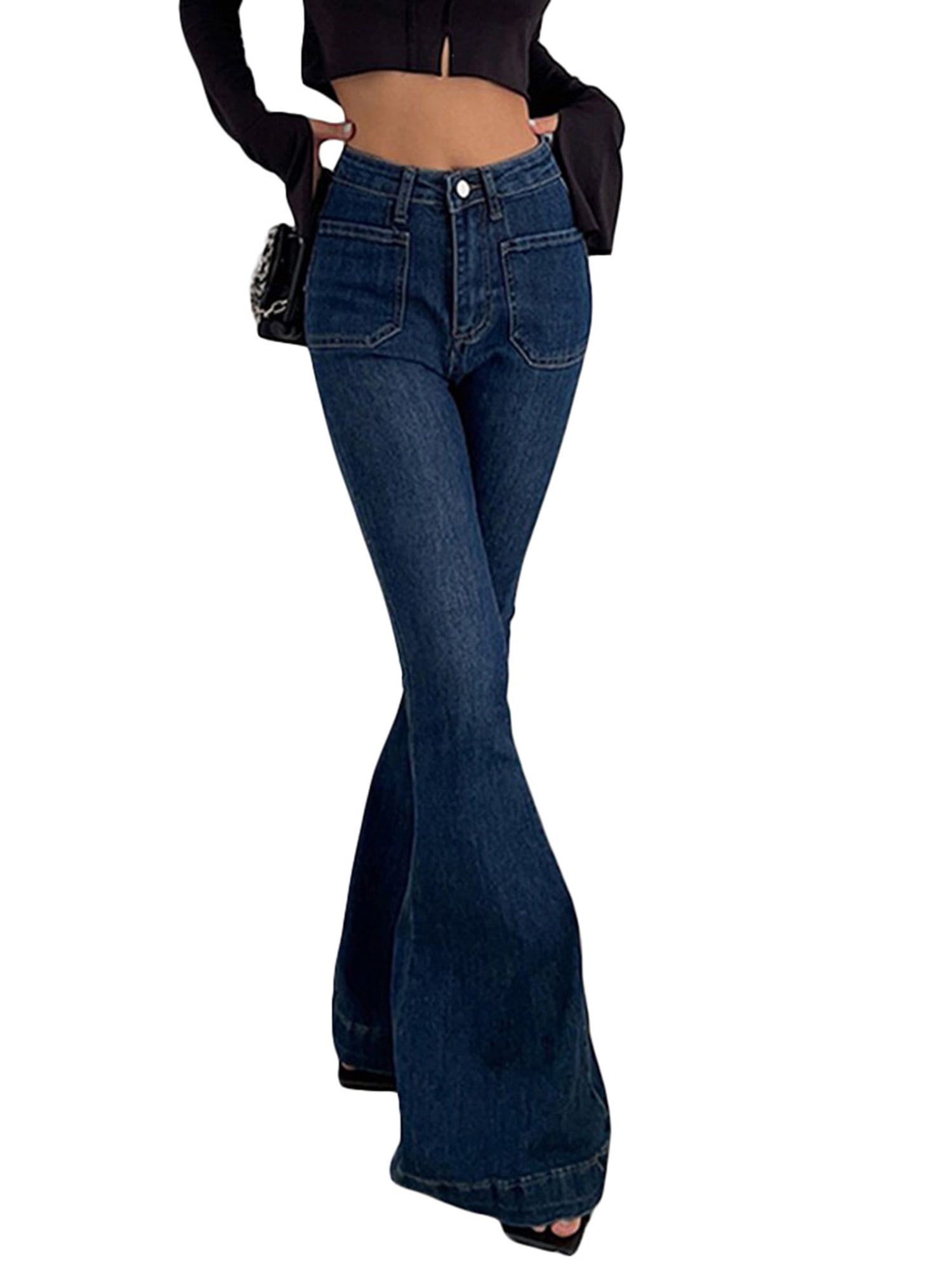 Coduop Women High Waist Skinny Jeans Aesthetic Vintage Flare Jeans Bell  Bottom Denim Jeans