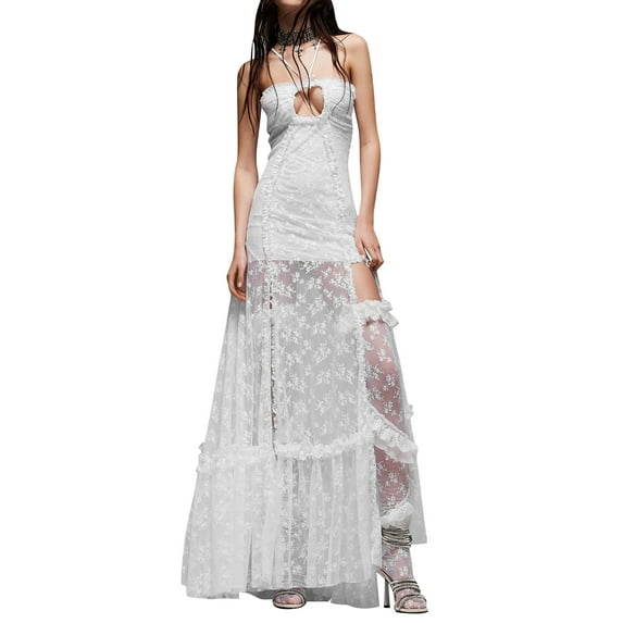 Coduop Women Lace Floral See Through Long Dress Bodycon Off Shoulder Sheer Mesh Split Maxi Dress