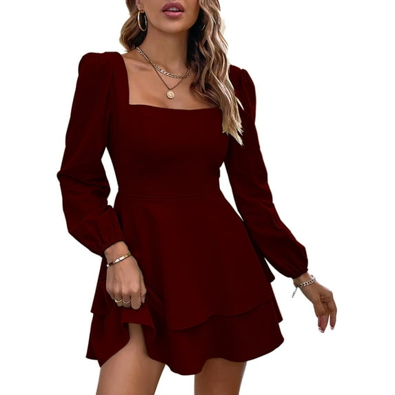 Coduop Women Long Sleeve Mini Dress Ruffled Hem Bandage Backless Squre Neck Casual Short Dresses