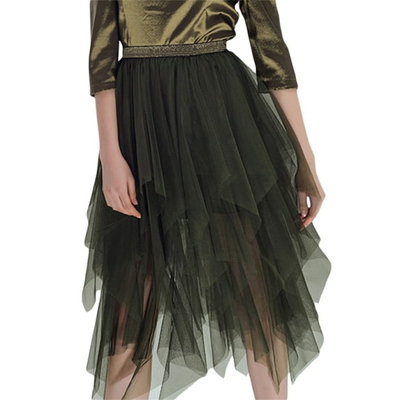 Coduop Women Midi Skirts Contrast Color Elastic Waist Irregular Multi-Layered Tulle Skirt