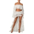 thumbnail image 1 of Coduop Women Outfit Set Long Sleeve Off Shoulder Crop Tops + Irregular Ruffle Skirt,Two Piece, 1 of 9