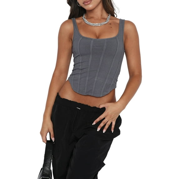 Coduop Women Ribbed Crop Tank Tops Sleeveless Square Neck Irregular Hem Cami Vest Tops