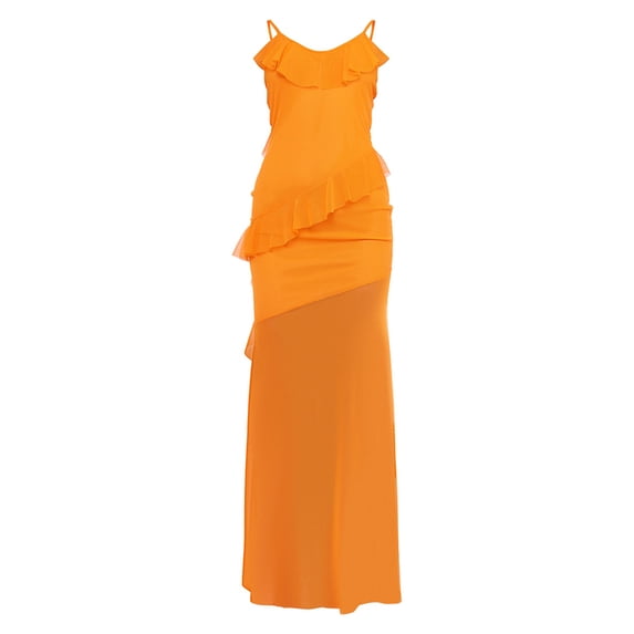 Coduop Women Ruffle Bodycon Long Dress Spaghetti Strap Solid Color Party Dress Summer Mesh Dress