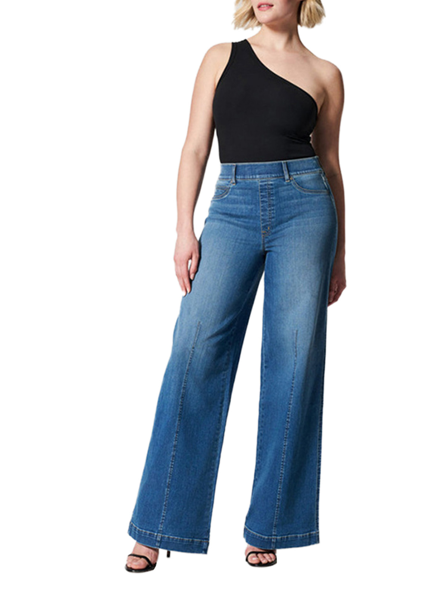 Coduop Women Seamed Front Wide Leg Jeans Stretch Denim Flare Jeans High 