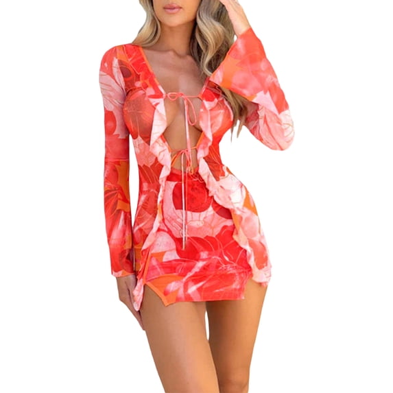 Coduop Women Sheer Mesh Long Sleeve Mini Dress V Neck Ruffle Trim Tie Front Floral Short Dresses