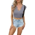 thumbnail image 1 of Coduop Women Short Sleeve Crop Tops Solid Color Knit Rib V-Neck Summer Slim Fit T-Shirts, 1 of 6