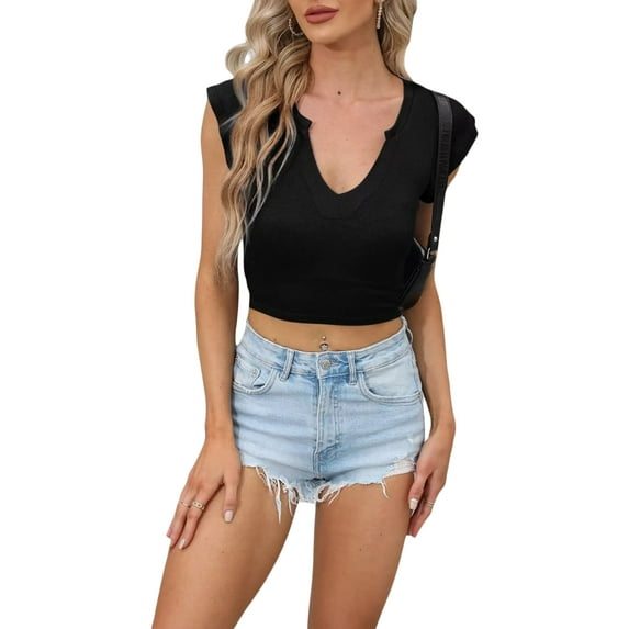 Coduop Women Short Sleeve Crop Tops Solid Color Knit Rib V-Neck Summer Slim Fit T-Shirts